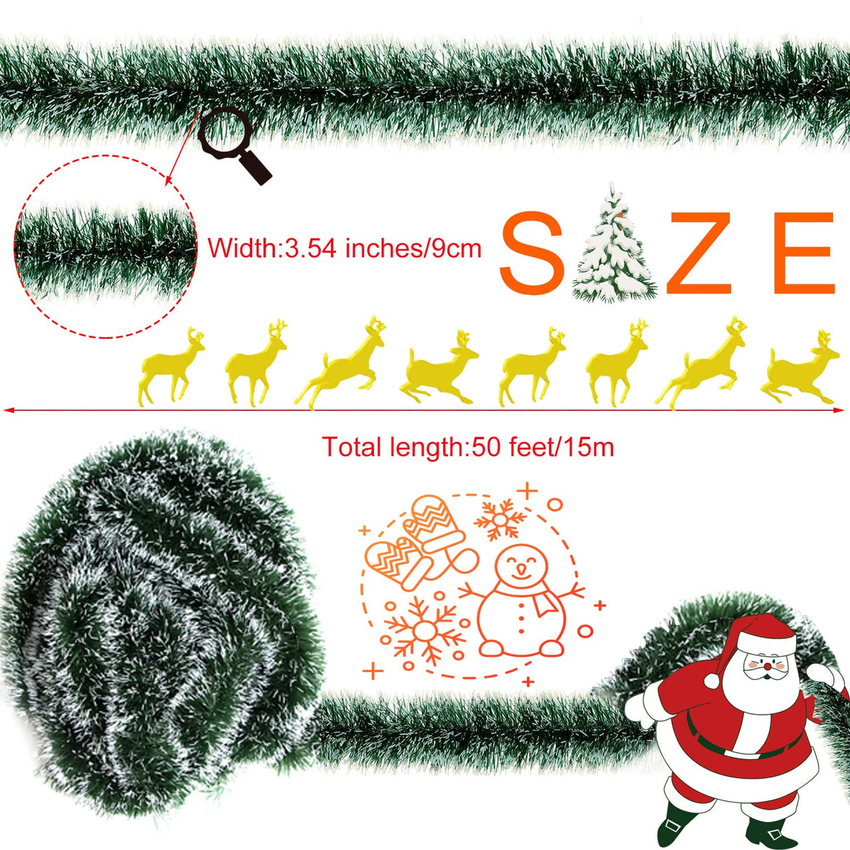 50 Feet Garland for Christmas Decorations,Green Snowy Garland,Artificial Christmas Pine Streamers for Party Hanging Ceiling Decorations Eerrhhaq