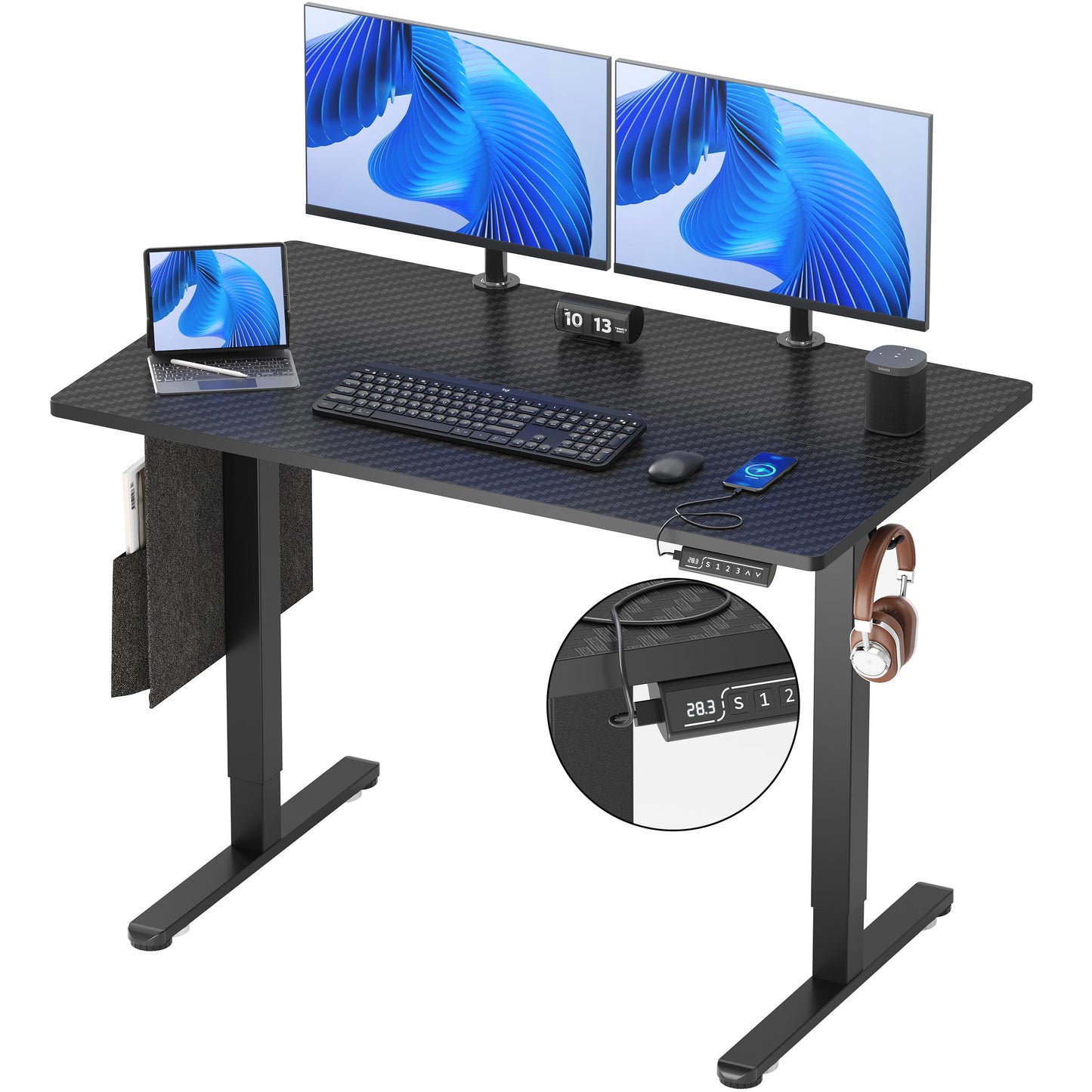 Bestier Height Adjustable Electric Standing Desk 47×24 Inch with 20mm/s Lifting Speed, 3 Height Memory Presets & USB Port, Gaming Desk with Headset Hooks & Storage Bag, 55dB, Carbon Fiber Bla - WoodArtSupply