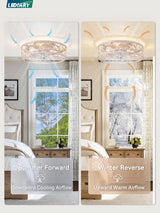 LEDIARY Caged Ceiling Fans with Lights, White Flush Mount Ceiling Fan with Remote, Small Low Profile Bladeless Ceiling Fan Light Fixture for Bedroom, Kitchen, Dining Room-White Gold Color LEDIARY