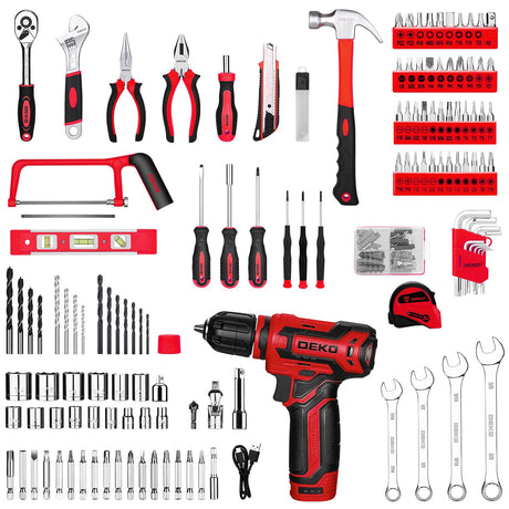 Drill Tool Set：Tool Kit with 12V Power Cordless Drill Hand Repair Tools Box with Drill, Home Tool Kits for Men & Women, Hand Drill Set Perfect for Homeowner, Diyer, Handyman - Red DEKOPRO