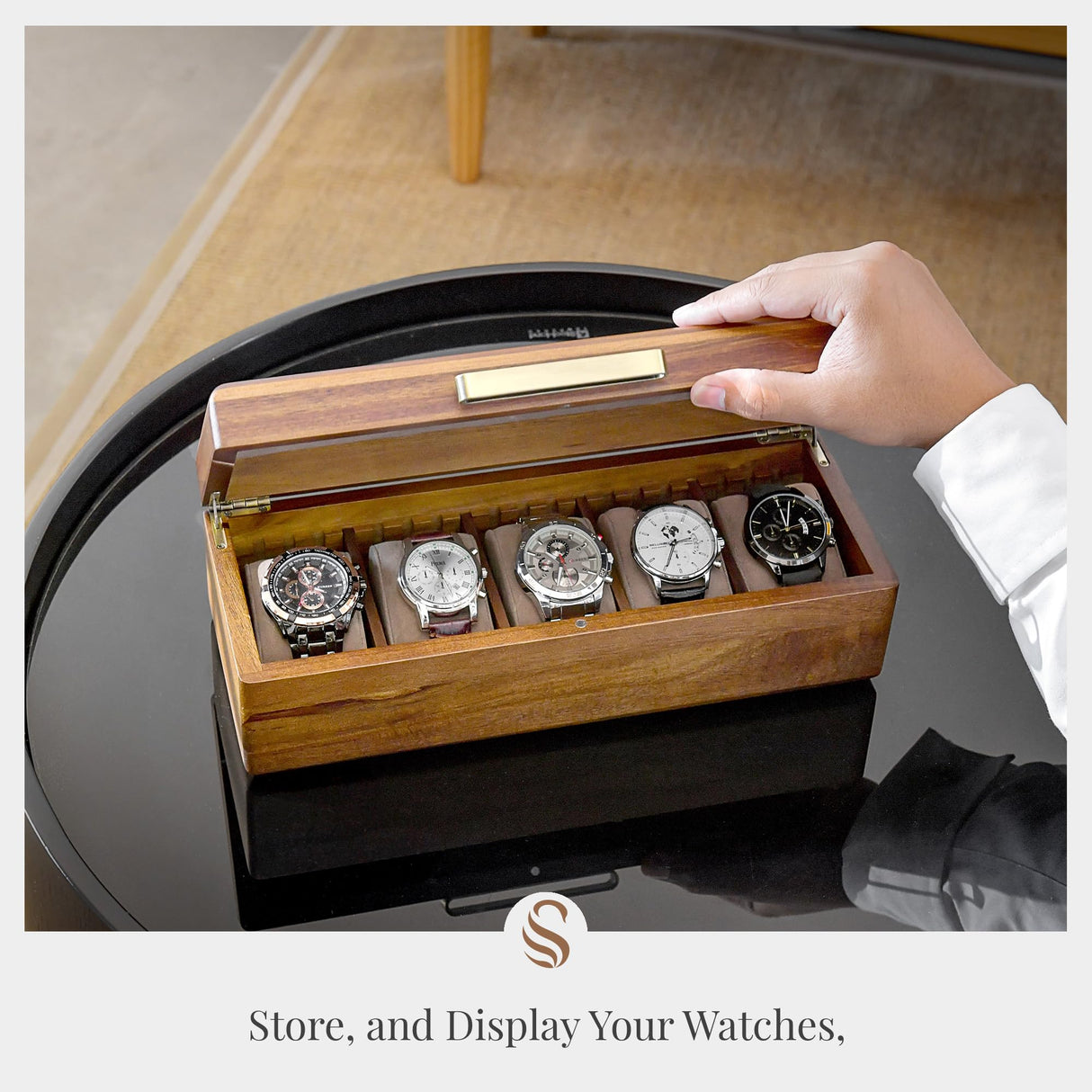 Shanik Wooden Watch Box for Men - Personalized Storage with 5 Slots for Watches, Soft Velvet Pillows, Natural Acacia Wood (Wooden Watch Box/Without Engraving) Shanik