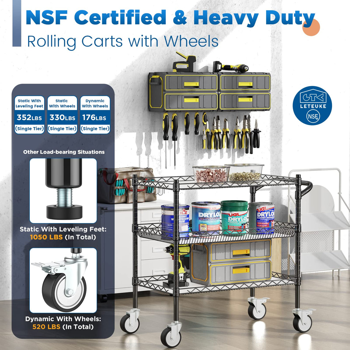 Leteuke 3 Tier Rolling Carts with Wheels,990Lbs Heavy Duty Rolling Utility Cart,NSF Commercial Grade Metal Cart with Handle&Shelf Liner,Trolley Serving Cart for Kitchen,Restaurant,Plant Display,Black Leteuke