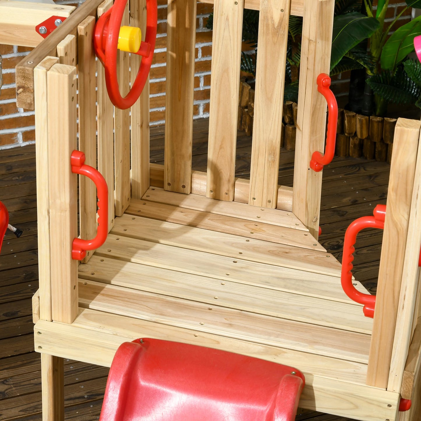 Outsunny 4-in-1 Wooden Swing Set, Kids Outdoor Playset with Swing, Slide, Horn, Steering Wheel, Toddler Playground Set for 18-48 Months, Kids Outdoor Play Equipment, Red