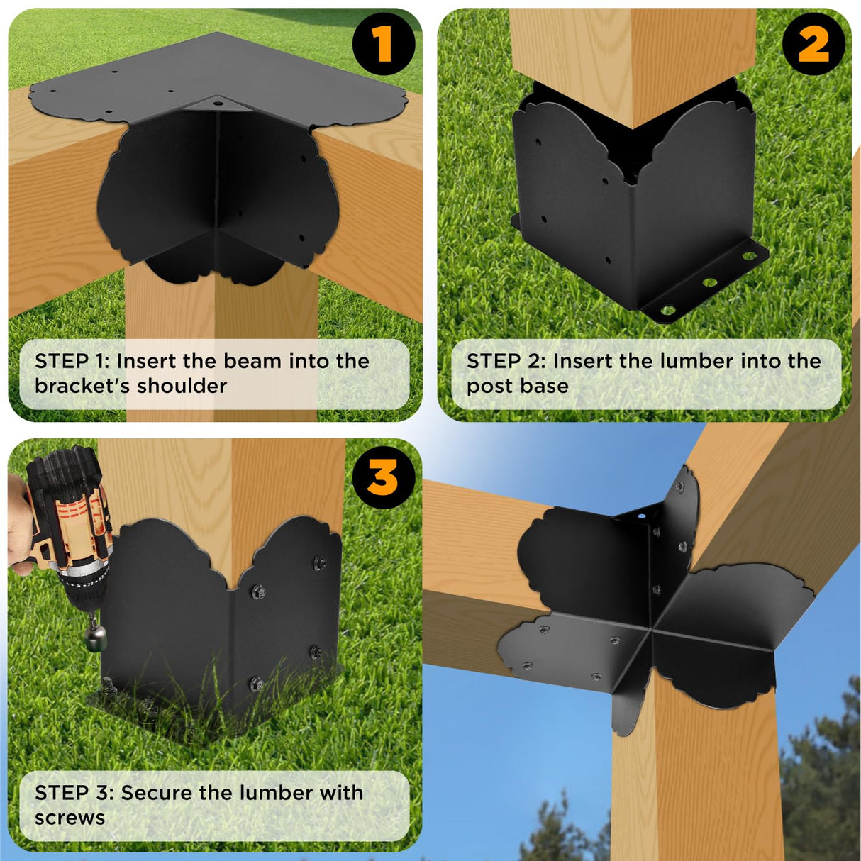 Pergola Bracket, 3-Way Pergola Right Angle Bracket, Raised Wood Bracket for 6"x6" (Inner Dimensions: 5.5"x5.5") Wooden Beam, Pergola, Garden, Gazebo,... TPHUC