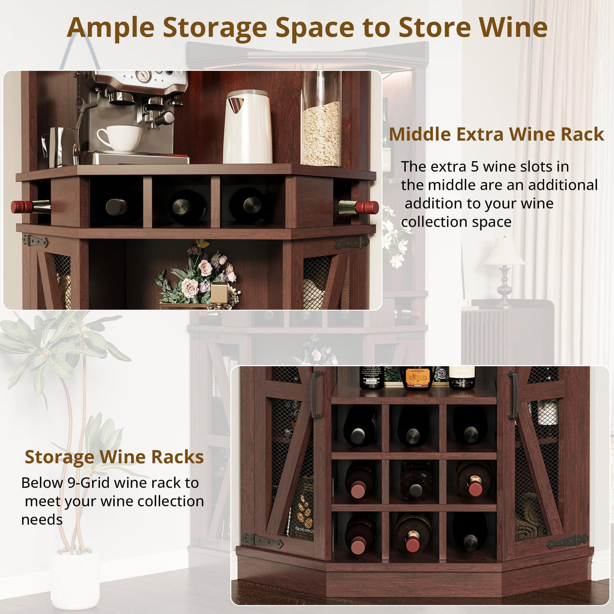 IRONCK Corner Bar Cabinet, 72.4" Tall Wine Cabinet with LED Light & Tempered Glass Rack, Home Bar Liquor Cabinet & Coffee Bar with Barn Door & Adjustable Shelf for Living Room, Dining Room, Red Walnut IRONCK