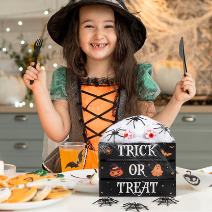 Halloween Mini Trick or Treat Wooden Crate, Decorative Wood Crates Box Wooden Storage Box with Spider Cotton 6 Spider and 2 Eyeballs for Tiered Tray Shelf Table Kitchen Home Halloween Decor