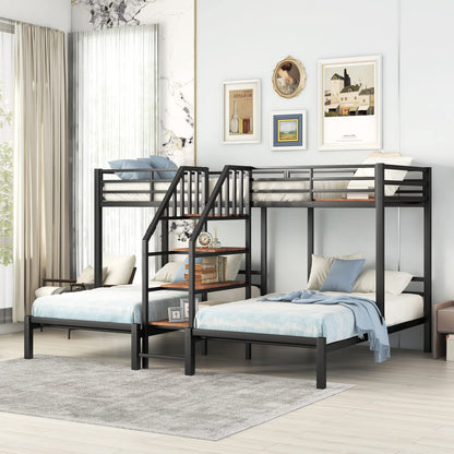 Harper & Bright Designs Metal Triple Bunk Bed with Stairs, 3 Beds Bunk Bed, Twin Over Twin & Twin Bunk Bed with Storage Shelves Staircase, for Kids Teens Adults, Black