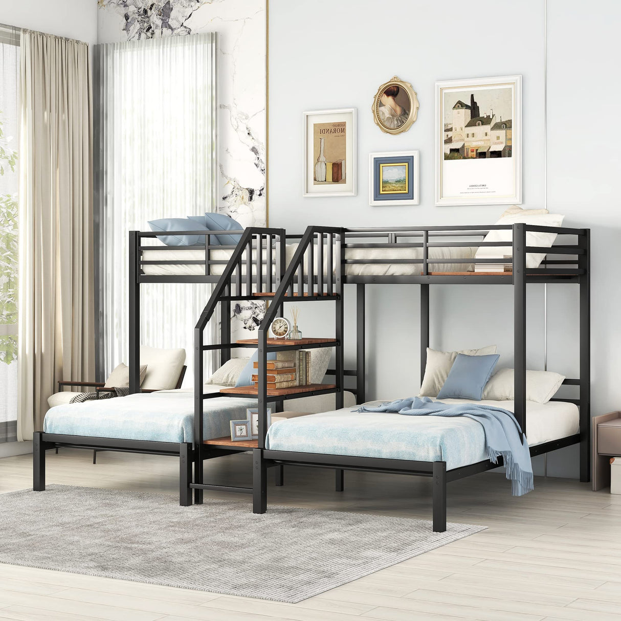 Harper & Bright Designs Triple Bunk Bed with Storage Stairs, Twin Over Twin & Twin Bunk Bed for 3, Metal Bunk Bed with Shelves for Kids Teens Adults, No Box Spring Needed (Black) Harper & Bright Designs