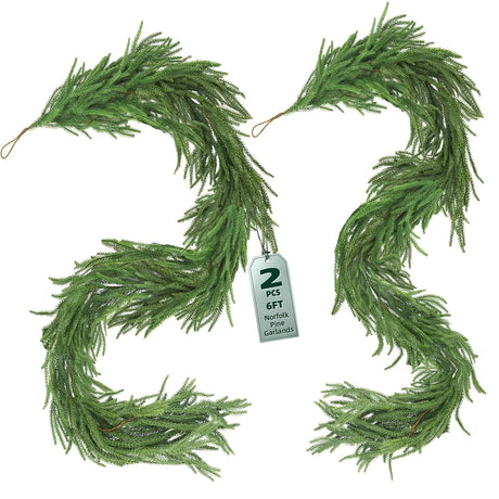 CLEANGOR 2Pcs 6FT Norfolk Pine Garlands Realistic, Real Touch Winter Xmas Garland, Christmas Decorations Indoor Outdoor, Artificial Holiday Decor Faux Greenery for Mantle, Fireplace, Table CLEANGOR