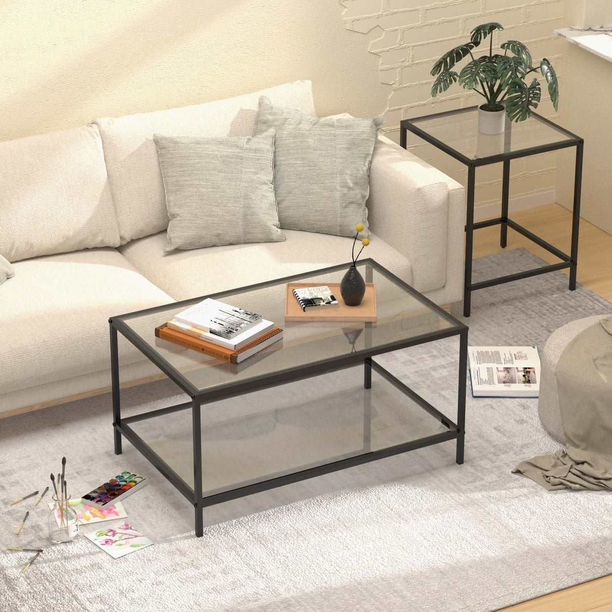 Nesting Coffee Table,Small Glass Coffee Table Set of 2,Black Modern Square Sofa Side Tea Table for Living Room,Bedroom and Small Spaces,2 Tier Tempered Glass with Sturdy Metal Frame, Easy Assembly Adompacat