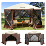 VEVOR 12 * 12ft 6 Sided Pop-up Canopy Shelter Tent with Mesh Windows, Portable Carry Bag, Stakes, Large Shade Tents for Outdoor Camping, Lawn and Backyard, Brown/Beige VEVOR