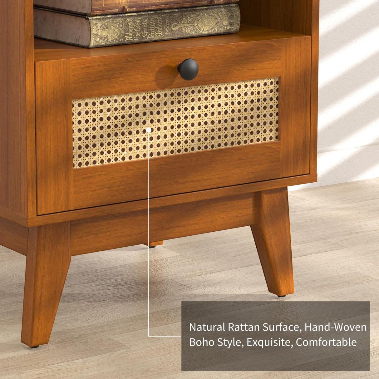 Ryvorbe Modern Rattan Nightstand Wood Side Table with Natural Rattan Drawer- Boho Nightstand with Solid Wood Legs for Bedroom, Living Room and Small Spaces Ryvorbe