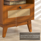 Ryvorbe Modern Rattan Nightstand Wood Side Table with Natural Rattan Drawer- Boho Nightstand with Solid Wood Legs for Bedroom, Living Room and Small Spaces Ryvorbe
