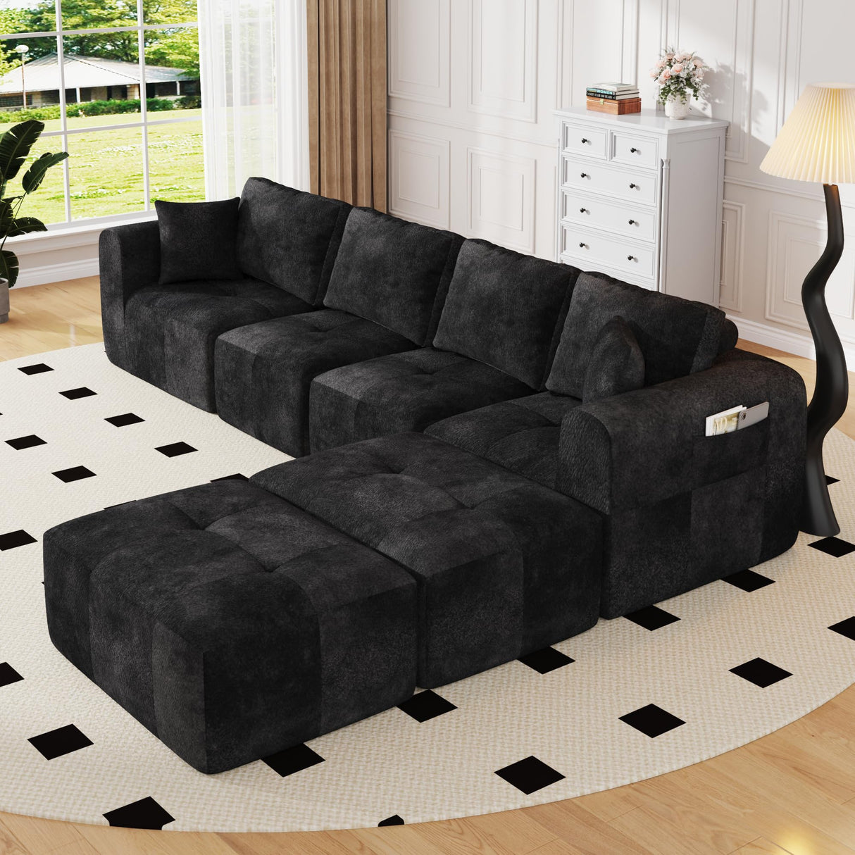 Squireewo 140" U-Shaped Sectional Sofa,4 Seat Modular Cloud Couch Boneless with 2 Convertible Ottomans & Deep Seat,No Assembly Required,Modern Chaise Lounge for Living Room,Chenille,Grayish-Black Squireewo