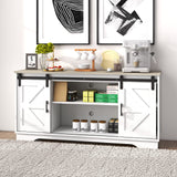 Panana Bar Cabinet with Barn 2 Sliding Doors Buffet Farmhouse Storage Cabinet TV Stand (White Body Natural Top) Panana