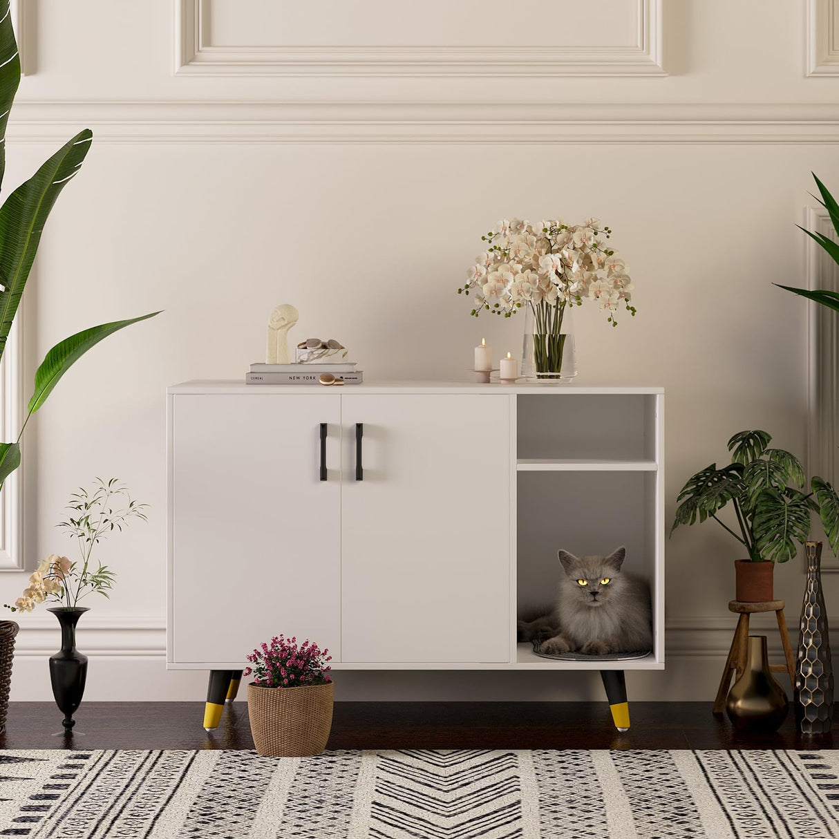 Sosiuel,Cat Litter Box Enclosure, Hidden Cat Litter Box Furniture,Enclosed Boxes, Fit Most of Litter Box,Pet House Side Coffee Table,Cat House，White and Black (White) Sosiuel