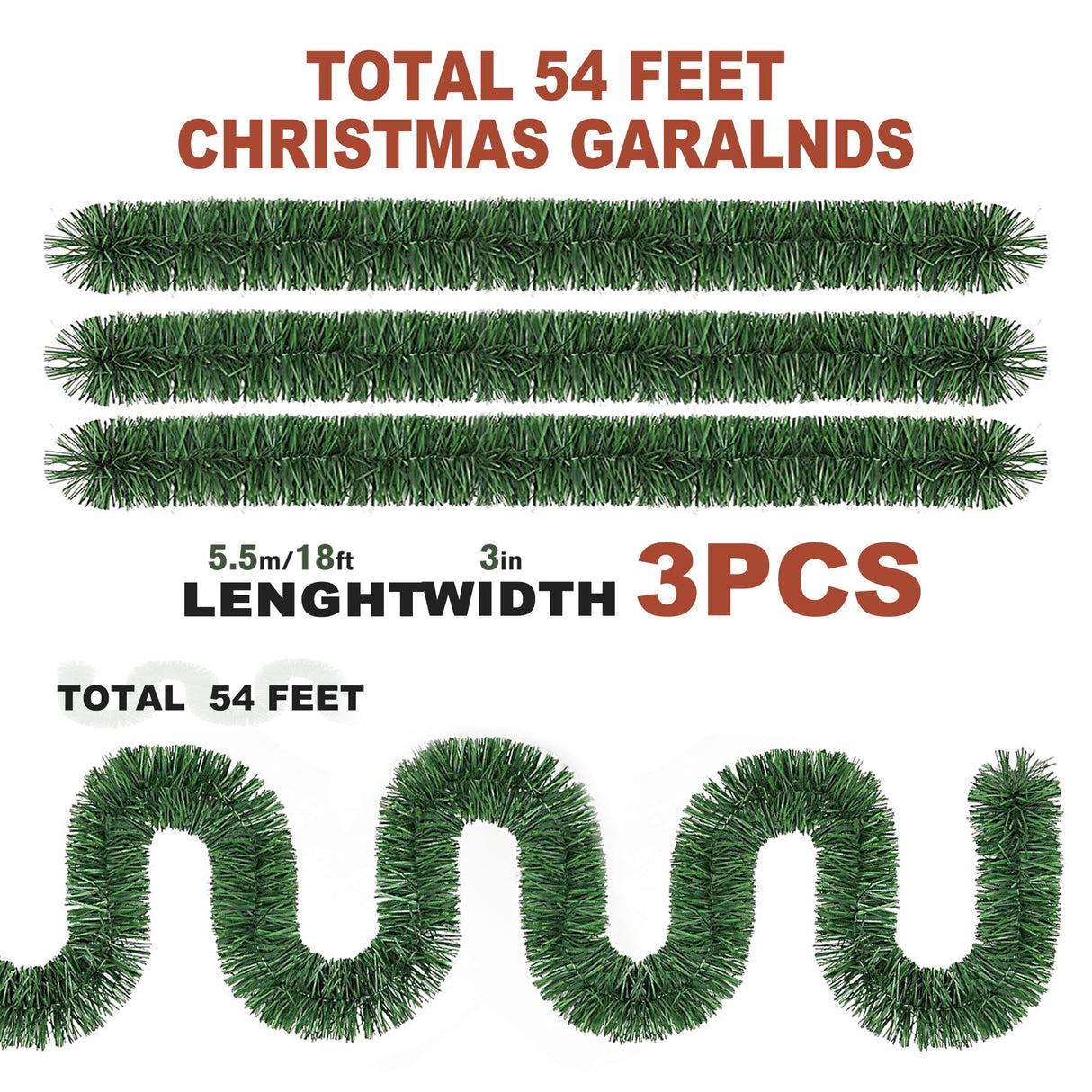 54 Feet Christmas Garland - 3 Stands Artificial Evergreen Garland Soft Greenery Garland Set for DIY Christmas Decoration, Non-Lit Indoor Outdoor Garlands for Stair Railing/Mantle/Holiday/Party Decor Nugxica