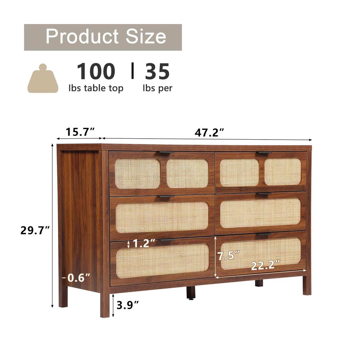 LEVNARY 6 Drawer Dresser for Bedroom, Rattan Dresser Drawer Organizer with Metal Handles, Accent Wood Chest of Drawers for Entryway, Closet, Living Room, Hallway, Nursery (Walnut) LEVNARY