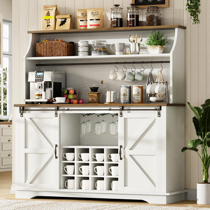 55" Farmhouse Coffee Bar with 3-Tier Storage, Kitchen Hutch Storage Cabinet with 6 Hooks, Wine Bar Cabinet with 12 Wine Racks & 3 Glass Holders, Hutch Cabinet with Storage for Dining Room, White