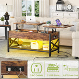 Aheaplus Coffee Table, Lift Top Coffee Table with LED Light and Power Outlet, Modern Lift-Top Center Table with Storage Shelf, for Living Room with Lift Tabletop, X Support Metal Frame, Rustic Brown Aheaplus