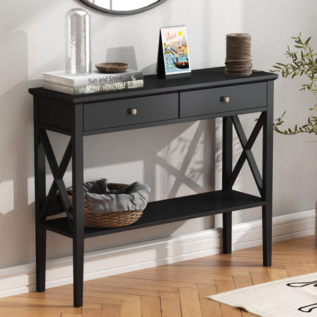 ChooChoo Console Table with Drawers, Narrow Wood Accent Sofa Table Entryway Table with Storage Shelf for Entryway, Front Hall, Hallway, Living Room, Black ChooChoo
