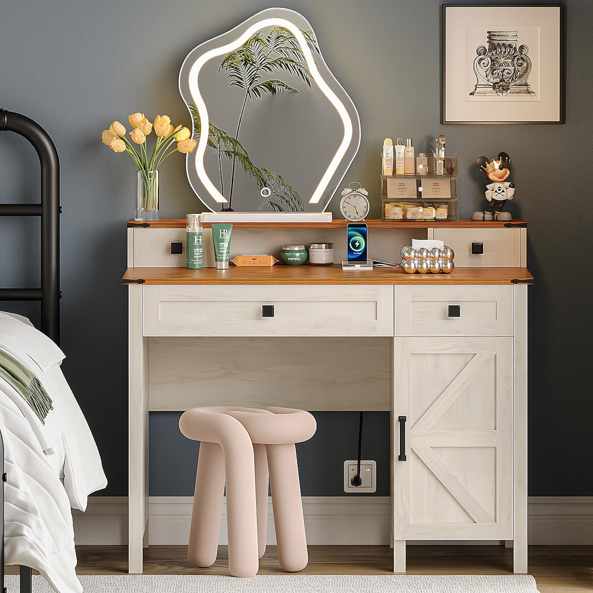 Trironsun Farmhouse Executive Desk with 4 Drawers Charging Station Large Home Office Desk with Storage Cabinet Rustic Computer Writing Desk for Work Study (Antique White) Trironsun