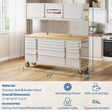 72 inch Rolling Tool Chest, Garage Workbench with 15 Drawers, Solid Rubber Wood Top & with Wheels Lock Key Locking, Mobile Workstation Tool Cabinet for Workshop Storage IDEALHOUSE