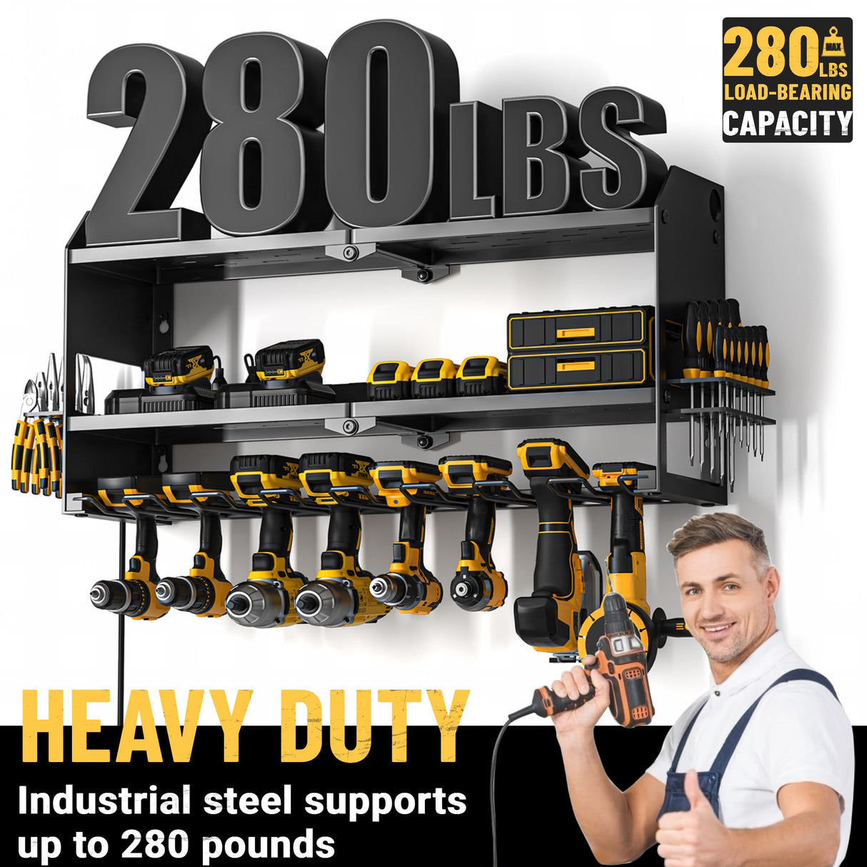 YYR Power Tool Organizer with Charging Station Wall Mount, Cordless Drill and Battery Holder for Garage Organization, Electric Tools Storage Rack Build in Surge Protection Power Strip - Black Shelf YYR