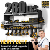 YYR Power Tool Organizer with Charging Station Wall Mount, Cordless Drill and Battery Holder for Garage Organization, Electric Tools Storage Rack Build in Surge Protection Power Strip - Black Shelf YYR