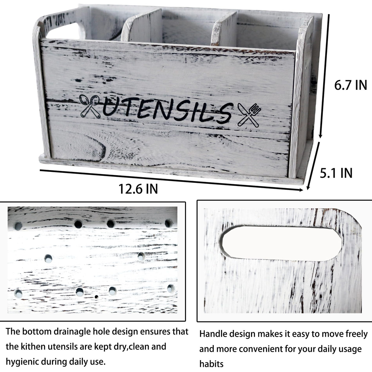 ST-BEST-P Utensil Holder Rustic Wood White Large Farmhouse Spatula Organizer for Kitchen counter Farmhouse,Countertop,Cooking Tools Storage (White) ST-BEST-P