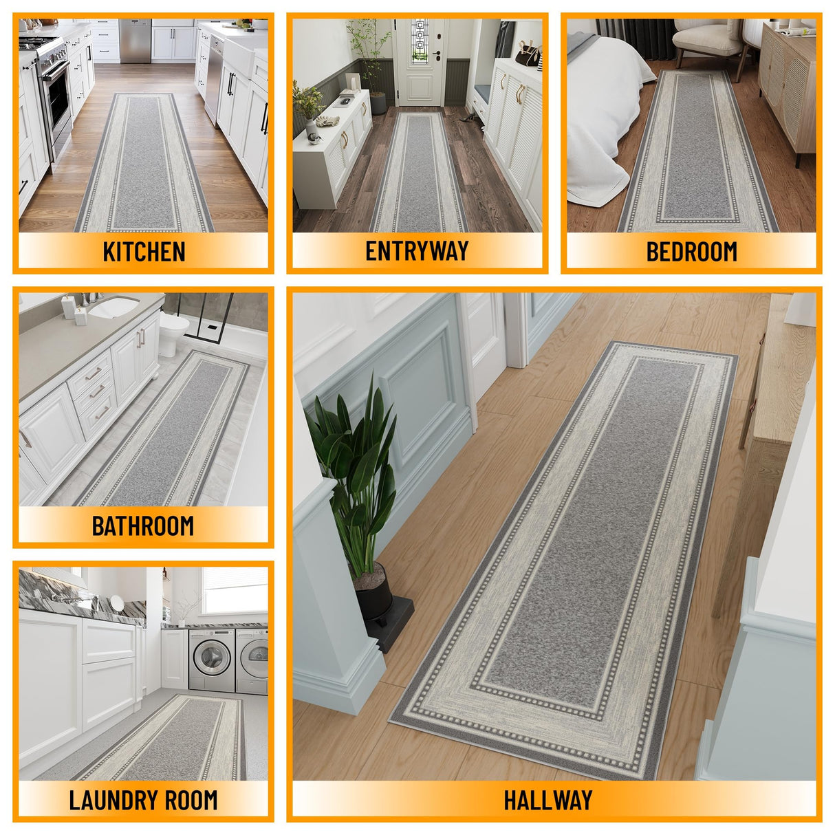 Machine Washable Bordered Design Non-Slip Rubberback 3x10 Traditional Runner Rug for Hallway, Kitchen, Bedroom, Living Room, 2'7" x 9'10", Light Gray Ottomanson