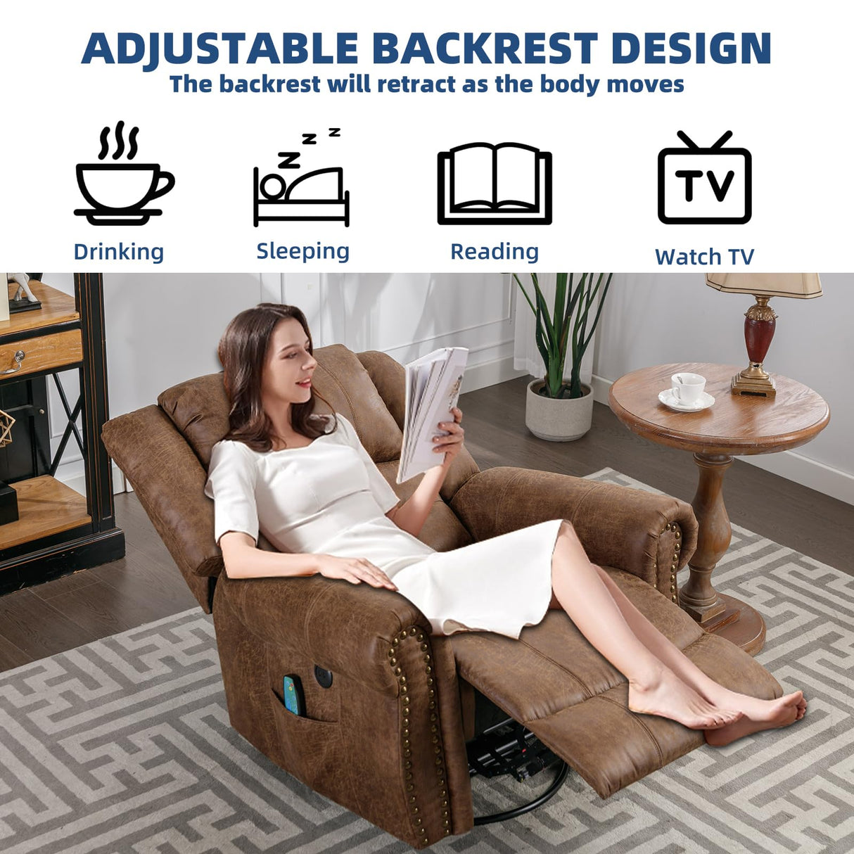 SOCIALCOMFY Swivel Rocker Recliner Chair with Heat and Vibration, 360° Swivel Glider Rocker Manual Reclining Chair, Massage Rocking Recliners with Side Pockets & USB Ports for Living Room, Nut Brown SOCIALCOMFY