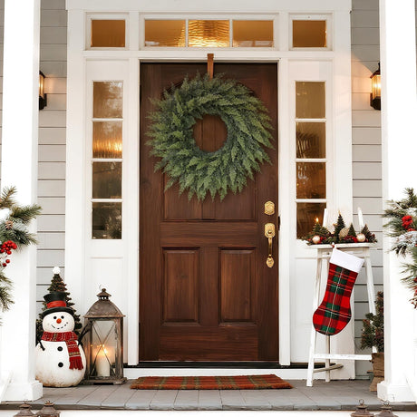 24" Real Touch Artificial Cedar Wreath - Faux Christmas Wreaths for Front Door,Faux Pine Green Wreath for Home, Holiday, Fireplace, Mantle,Wall, Windows, Xmas, Outdoor Decoration FOTEEWL