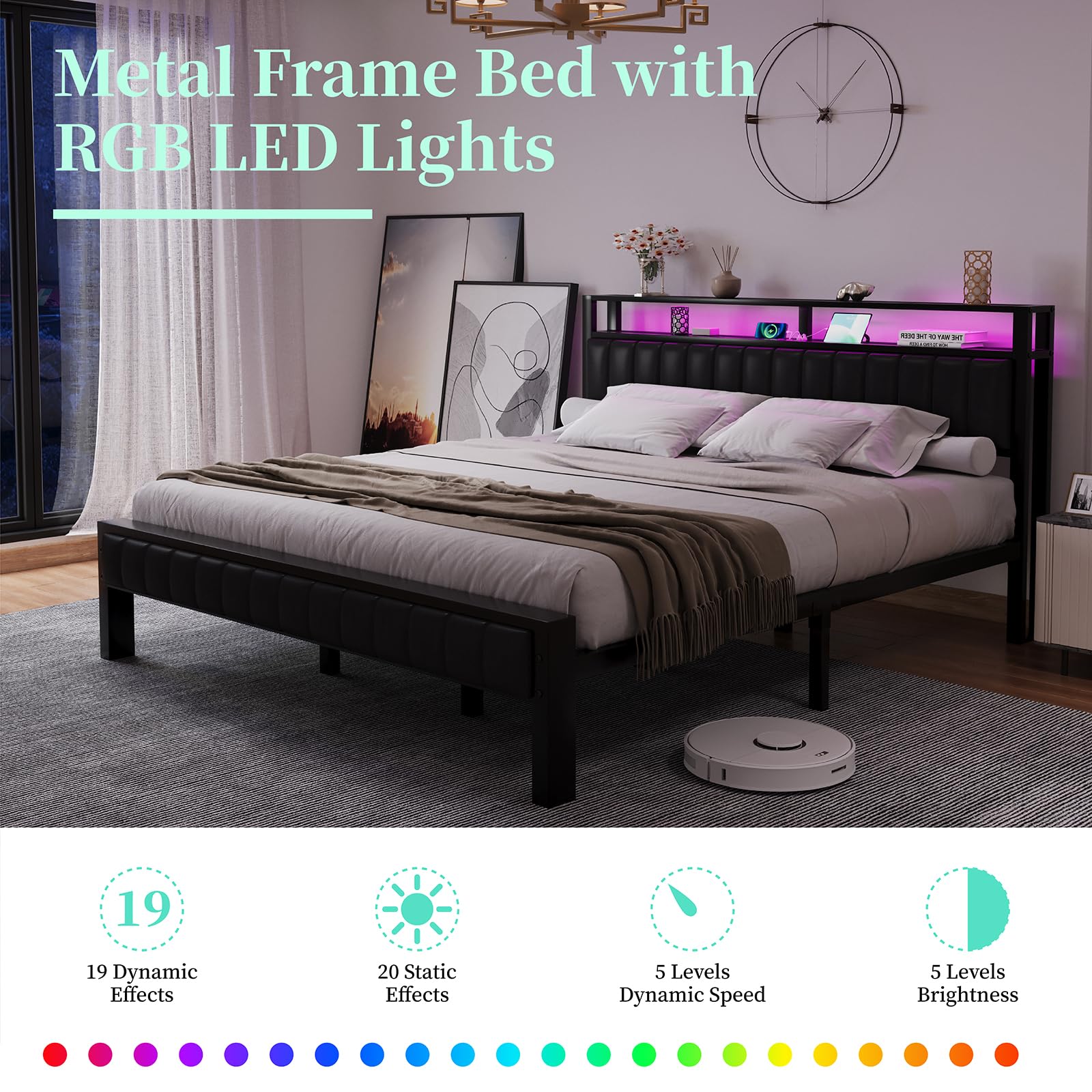 LUXOAK Rustic Brown King Size Metal Bed Frame with LED Light and PU Leather Headboard, Charging Station & 2-Tier Storage - WoodArtSupply