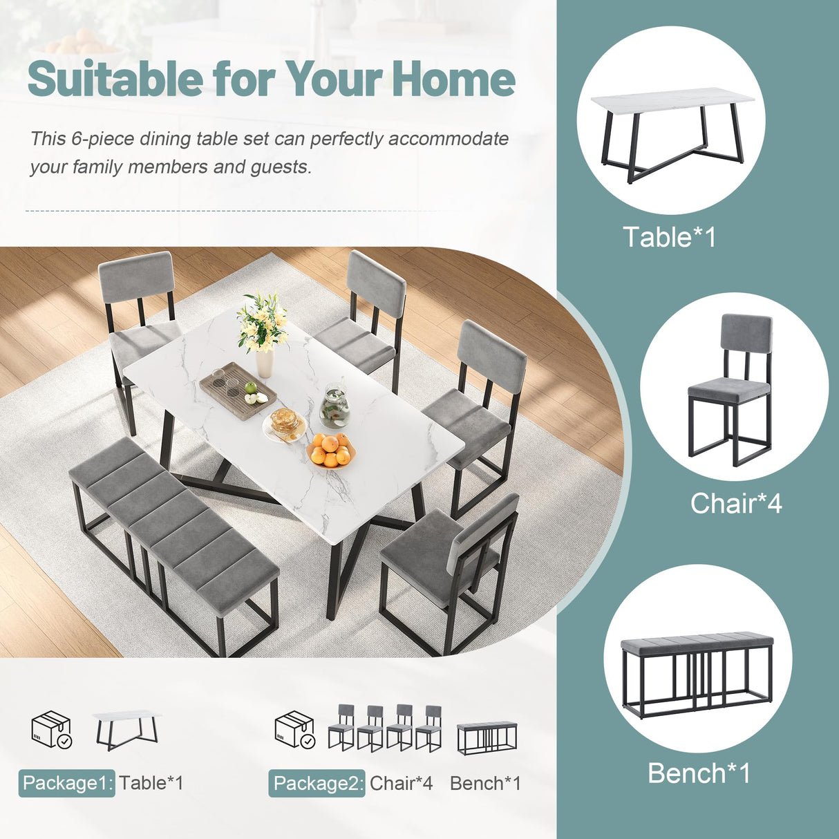 HUGROVE 6-Piece Dining Table Set, 51.18'' Faux Marble Rectangular Table with 4 Velvet Upholstered Dining Chairs and Bench, Modern Kitchen & Dining Room Furniture for Family Gathering (Dark Gray) HUGROVE