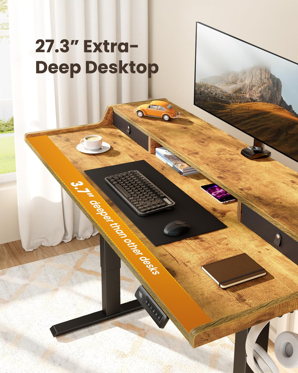 ErGear Electric Standing Desk with Drawers, 55″ x 28″ Gaming Desk with Monitor Stand, C-Clamp Mount Compatible, Home Office Height-Adjustable Desk with Storage Shelf, 4 Preset Heights, Vintage Brown ErGear