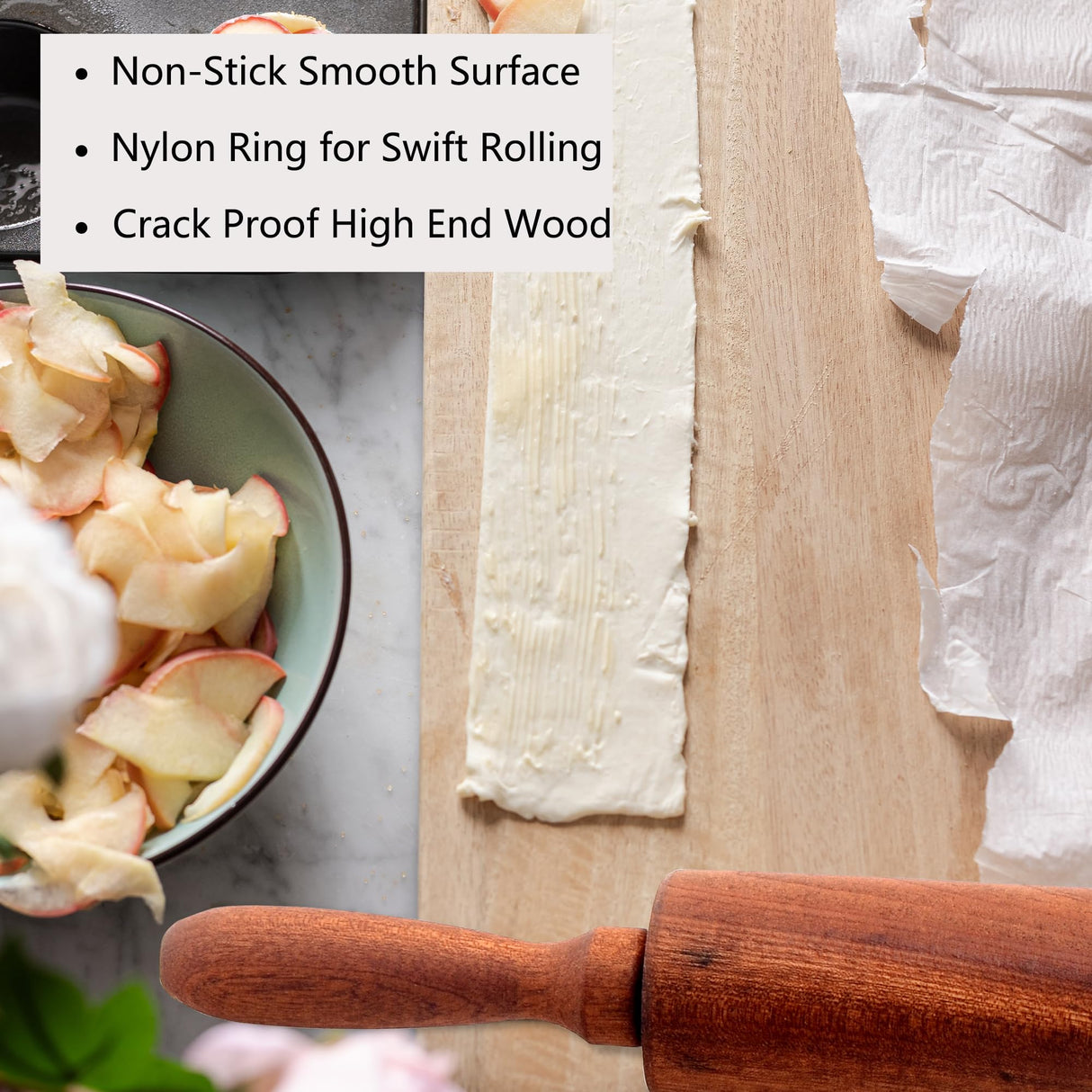 TUSIWIT Classic Sapele Wooden Rolling Pin With Handles,Wood Baking Roller （17''L x 1.77"W) TUSIWIT