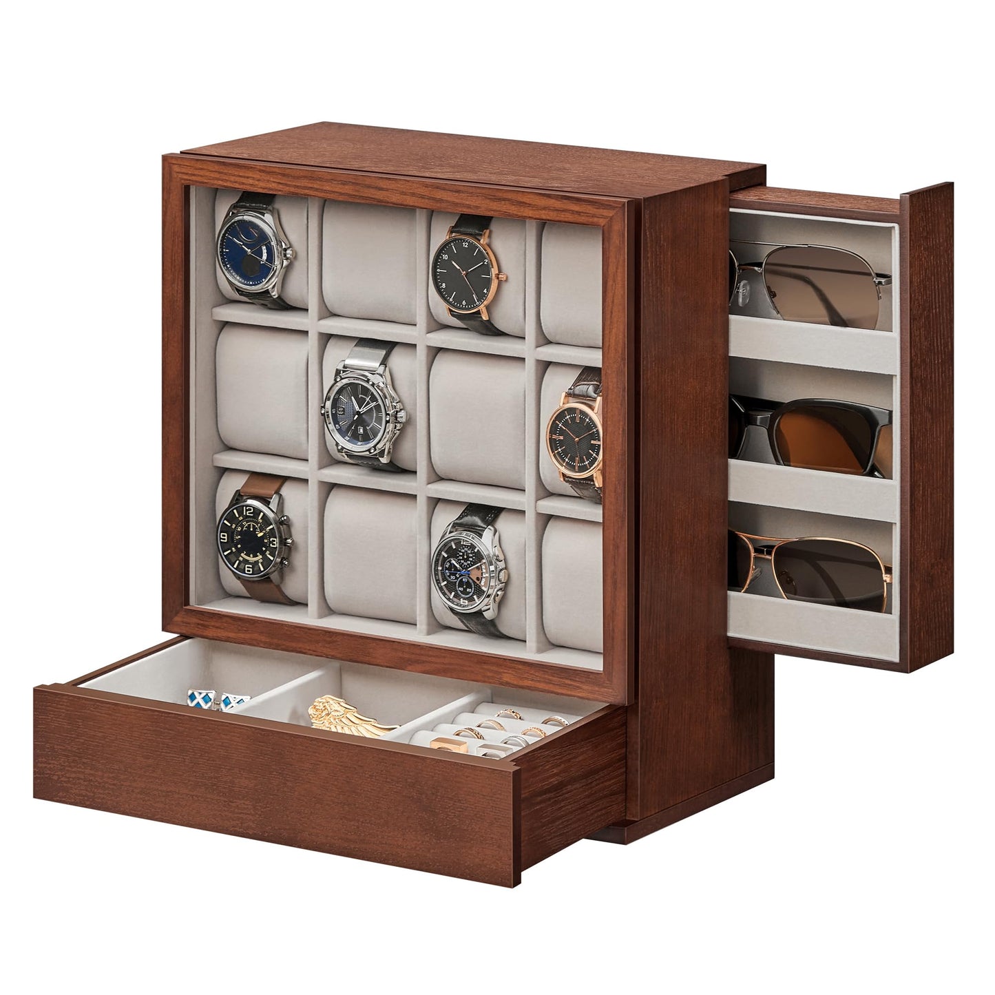 SONGMICS 12-Slot Wooden Watch Box, Watch Display Case with Window, Watch Display Cabinet with Solid Wood Veneer, Velvet Lining, Vertical Storage, - WoodArtSupply