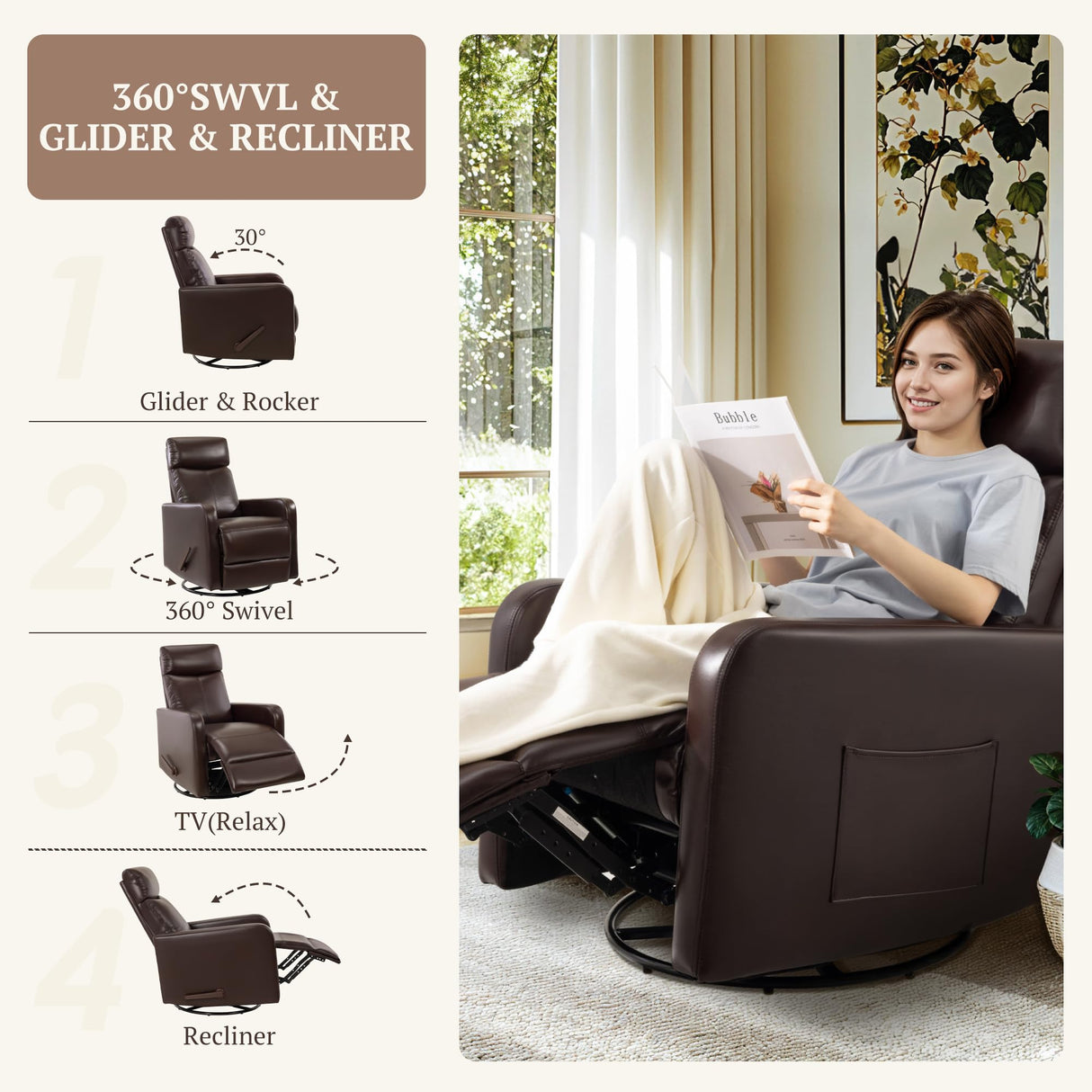 Neioml Swivel Rocking Recliner Chair for Small Space, Manual Swivel Glider Recliner for Nursery,RV,Rocking Recliner with Footrest and Side Pocket,Breathable Leather,Dark Brown Neioml