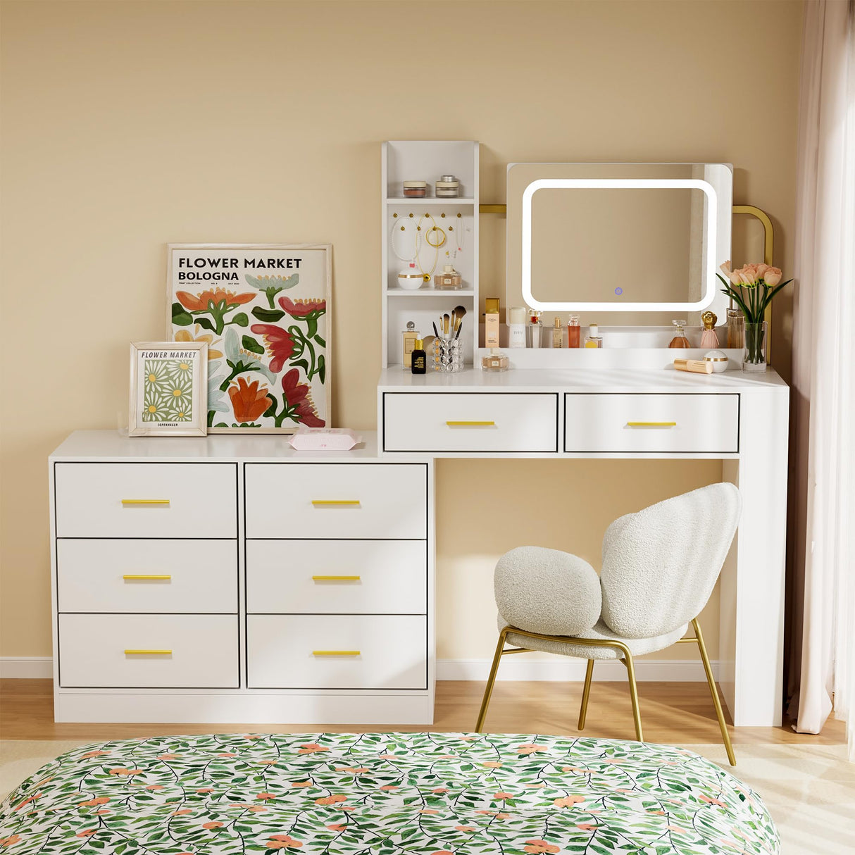 Pamapic 67" Vanity Desk with Mirror and LED Lights, Golden Handles 15 Storage Spaces White Vanity D, 8 Drawers Makeup Desk with Upgraded Silent Slides, Adjustable Width Dresser with Mirror Gift Pamapic
