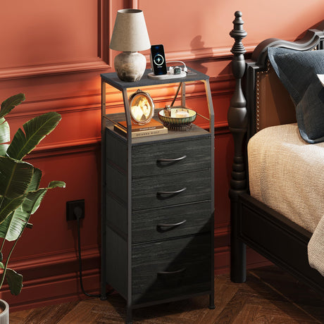 WLIVE Night Stand with Charger Station, Tall 4 Drawer Dresser for Bedroom, Black Nightstand with LED Light, Bed Side Table for Living Room with Shelf, Fabric Storage Bins, Metal Frame, Wood Furniture WLIVE
