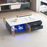 Modern Coffee Table with Glass Doors Storage, 47.2" Large Multi-Color Led Coffee Table with 4 Drawers and Gold Metal Legs, Wooden Rectangle Tea Table Center Table for Living Room, Navy Blue cloblane