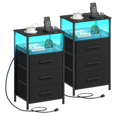 JARHETUN End Table with Charging Station and LED Light, Side Table with USB Ports and Outlets, LED Nightstand Set of 2, Bedside Tables with 3 Fabric Drawers, Black