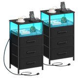JARHETUN Night Stand Set 2 with Charging Station, 3 Drawer Nightstands with LED Lights, End Table with Outlets and USB Ports, Side Table with Open Shelf, Bedside Tables for Bedroom, Black JARHETUN