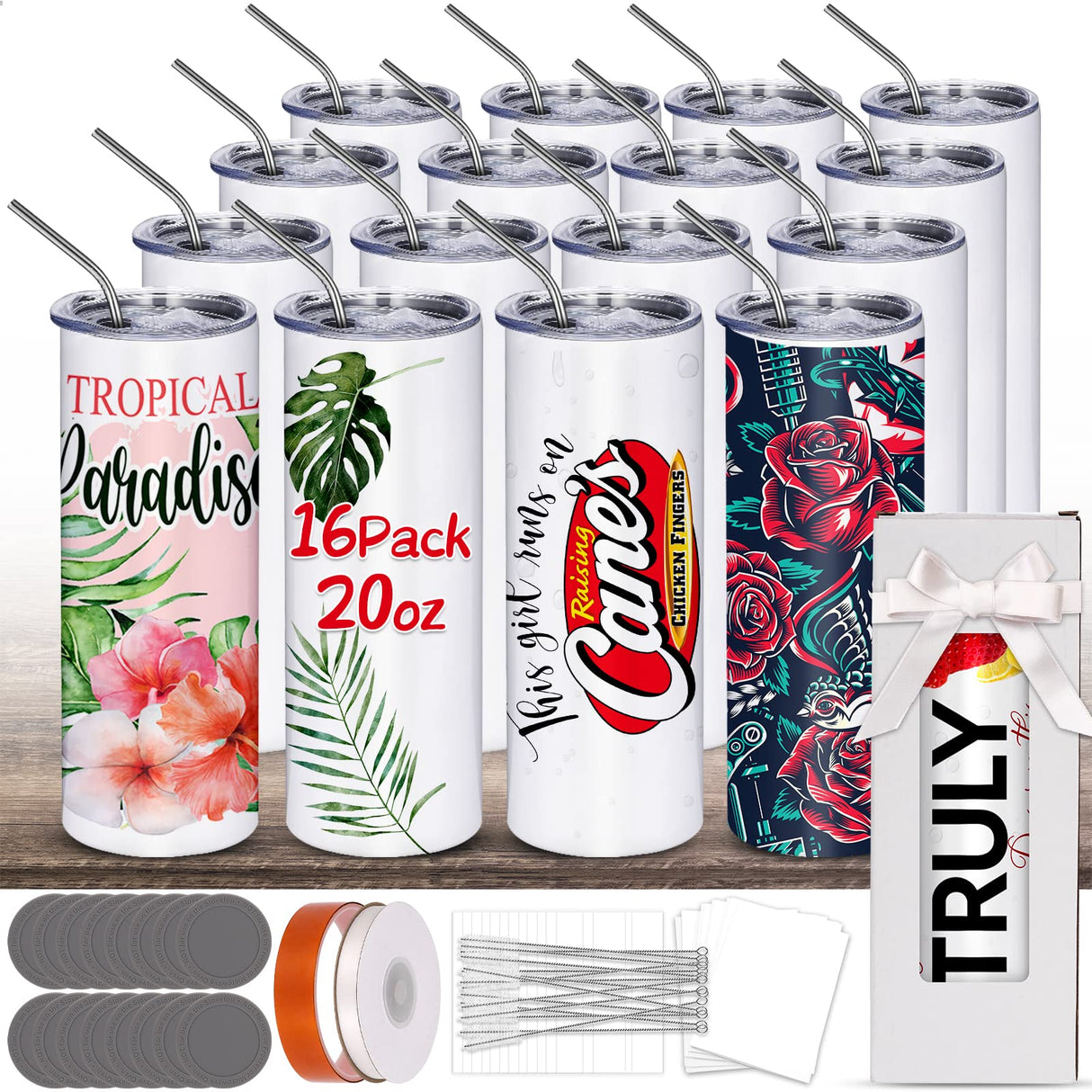 Sublimation Tumblers bulk 20 OZ Skinny Stainless Steel Double Wall Insulated Straight Sublimation Cups 16 Pack Blanks White Tumbler with Lid,Straw,Heat Resistant Tape&Shrink Sleeves,Individually Boxed Dmsky