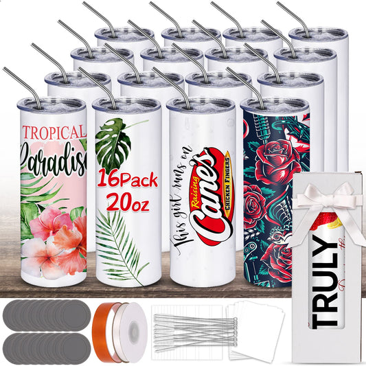 Sublimation Tumblers bulk 20 OZ Skinny Stainless Steel Double Wall Insulated Straight Sublimation Cups 16 Pack Blanks White Tumbler with Lid,Straw,Heat Resistant Tape&Shrink Sleeves,Individually Boxed