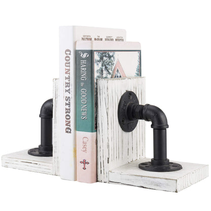 MyGift Rustic Whitewashed L Shaped Decorative Bookends with Realistic Metal Pipe Sculpture, Office Desktop Book Stand, Home and Office Shelf Decor, 1-Pair