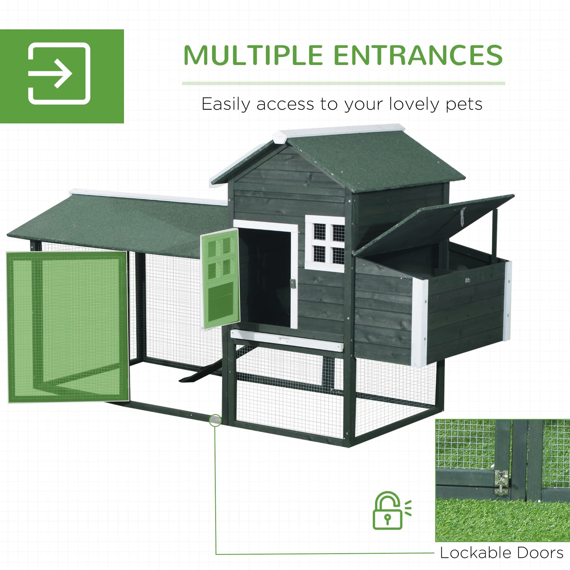 PawHut 84" Wooden Chicken Coop, Hen House Outdoor with Run Nesting Box, Asphalt Roof, Removable Tray, Ramp, Poultry Cage for 2-3 Chickens, Green - WoodArtSupply