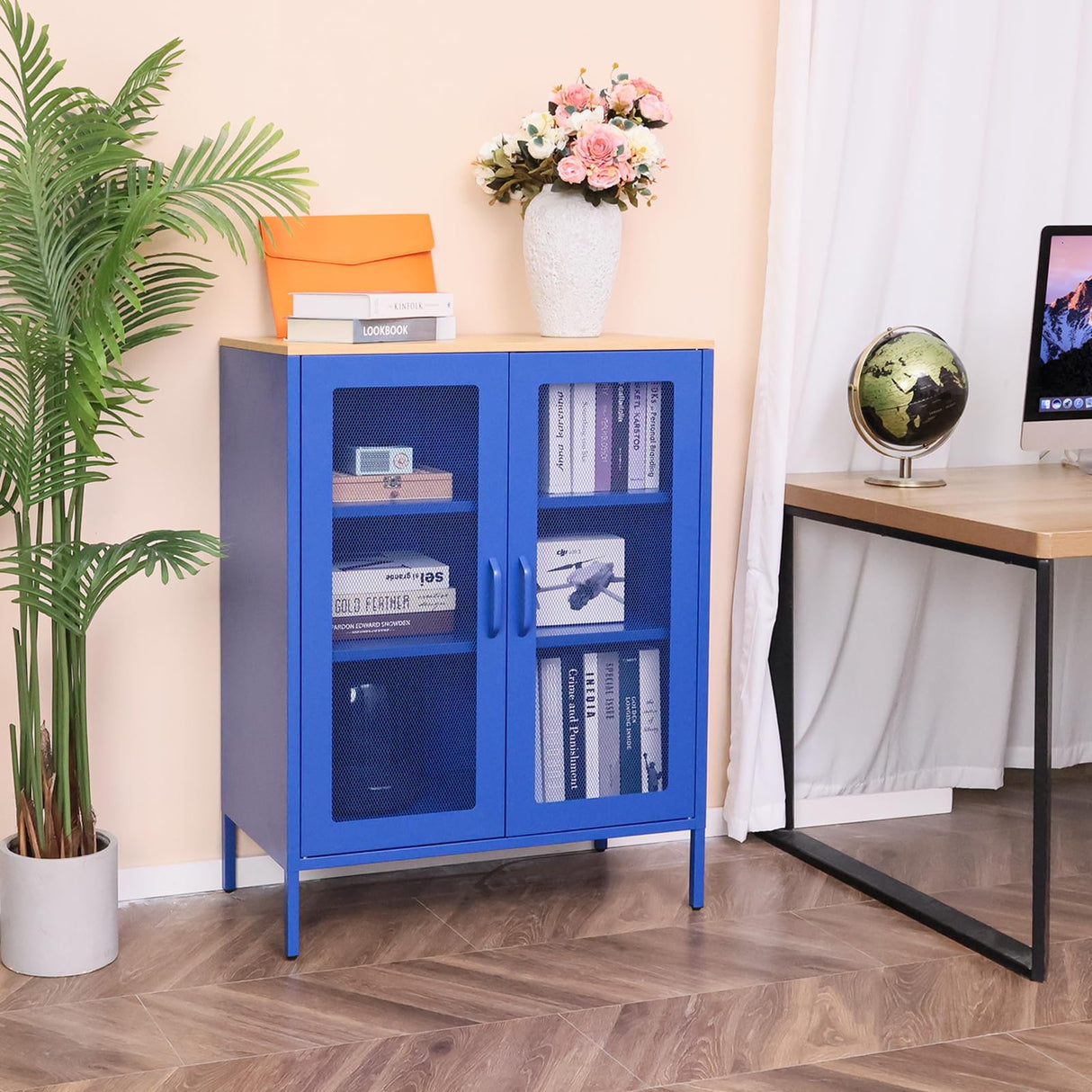 ALBAD Metal Storage Cabinet with Mesh Doors and Adjustable Shelves, Free Standing Sideboard Buffet Cabinet for Kitchen, Living Room, Dining Room, Home Office (Blue) ALBAD