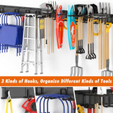 Housolution Heavy Duty Garden Tool Organizer 64 Inch - 18Pack Carries 570 lbs, Garage Tool Organizer Storage System, 4 Rails with 12 Adjustable Hooks, Tool Holder Wall Mount for Warehouse, Workshop Housolution